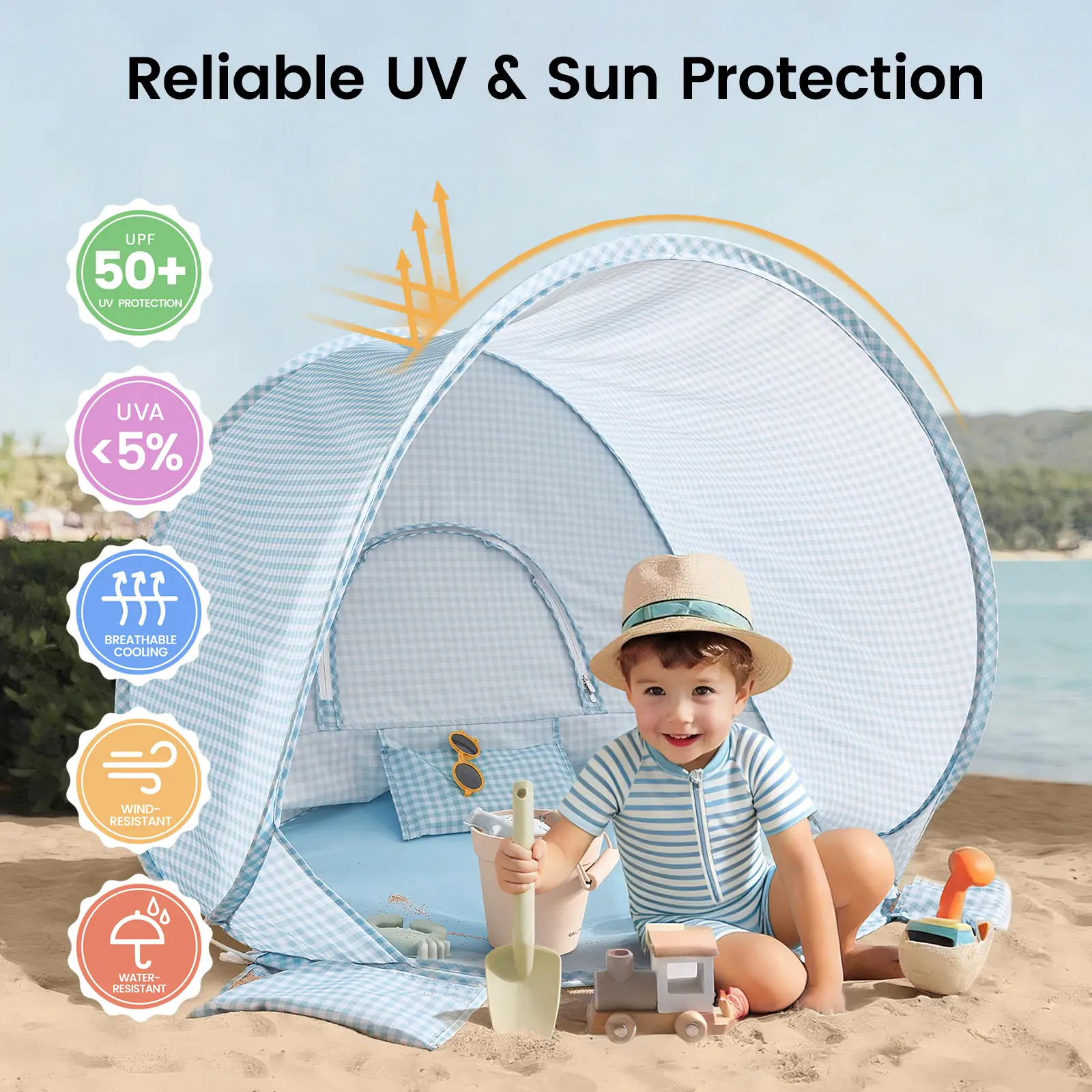 Tiny Land® One-Stop Beach Toy & Tent Set – Light Blue Gingham - Image 2