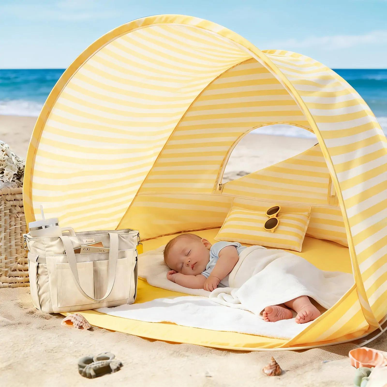 Tiny LandĀ® One-Stop Beach Toy & Tent Set ā Pastel Yellow Stripes - Image 10