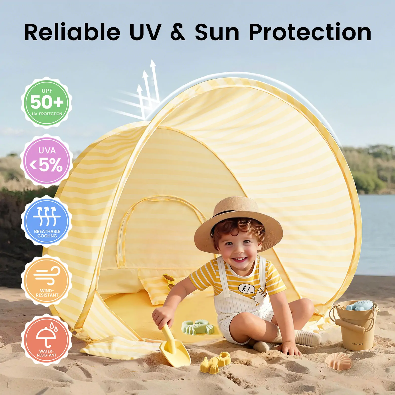 Tiny LandĀ® One-Stop Beach Toy & Tent Set ā Pastel Yellow Stripes - Image 2