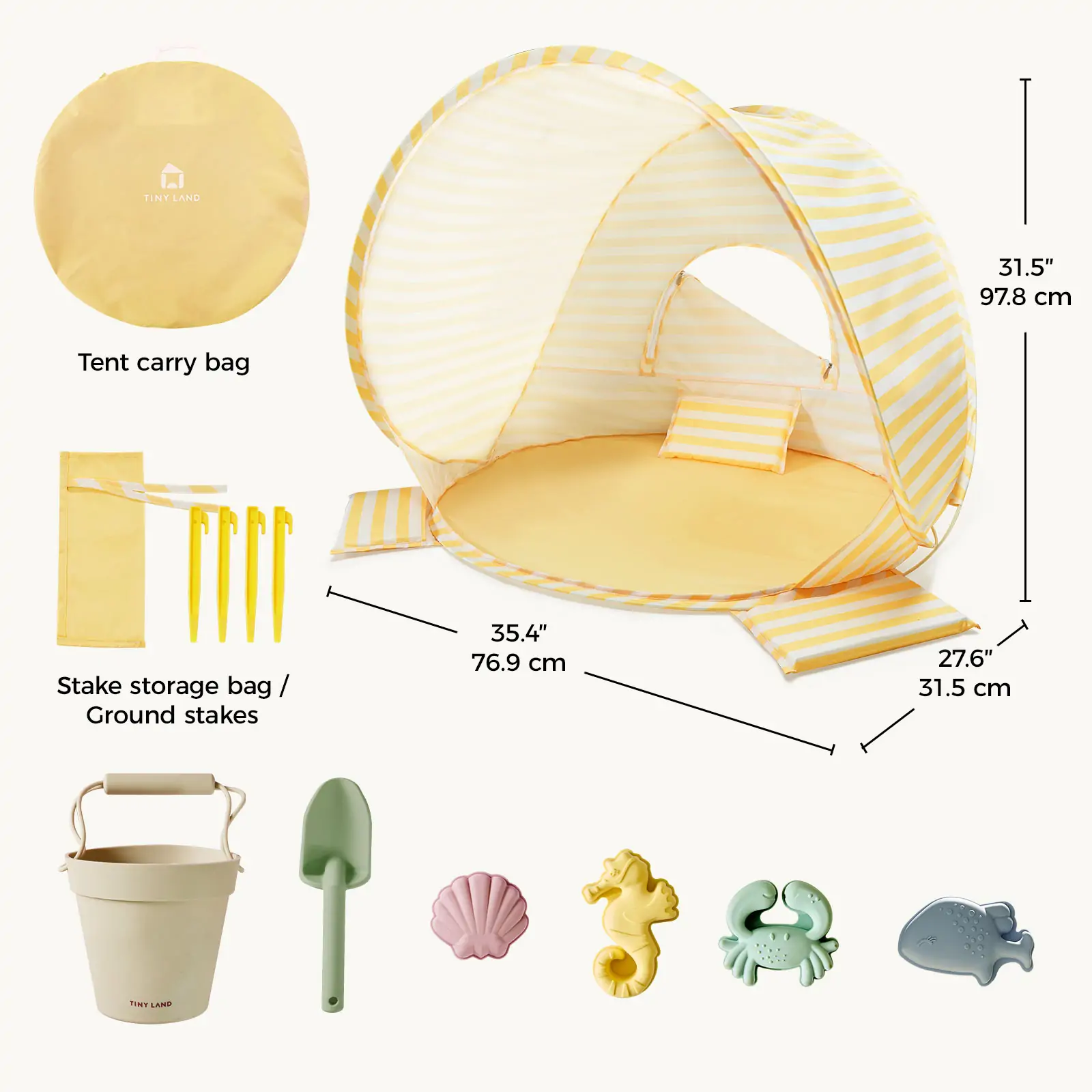 Tiny LandĀ® One-Stop Beach Toy & Tent Set ā Pastel Yellow Stripes - Image 9