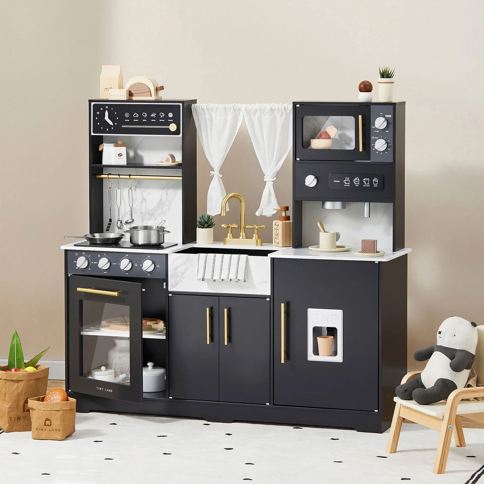 Tiny LandĀ® Iconic Wooden Play Kitchen ā Black Pretend Cooking Set for Kids