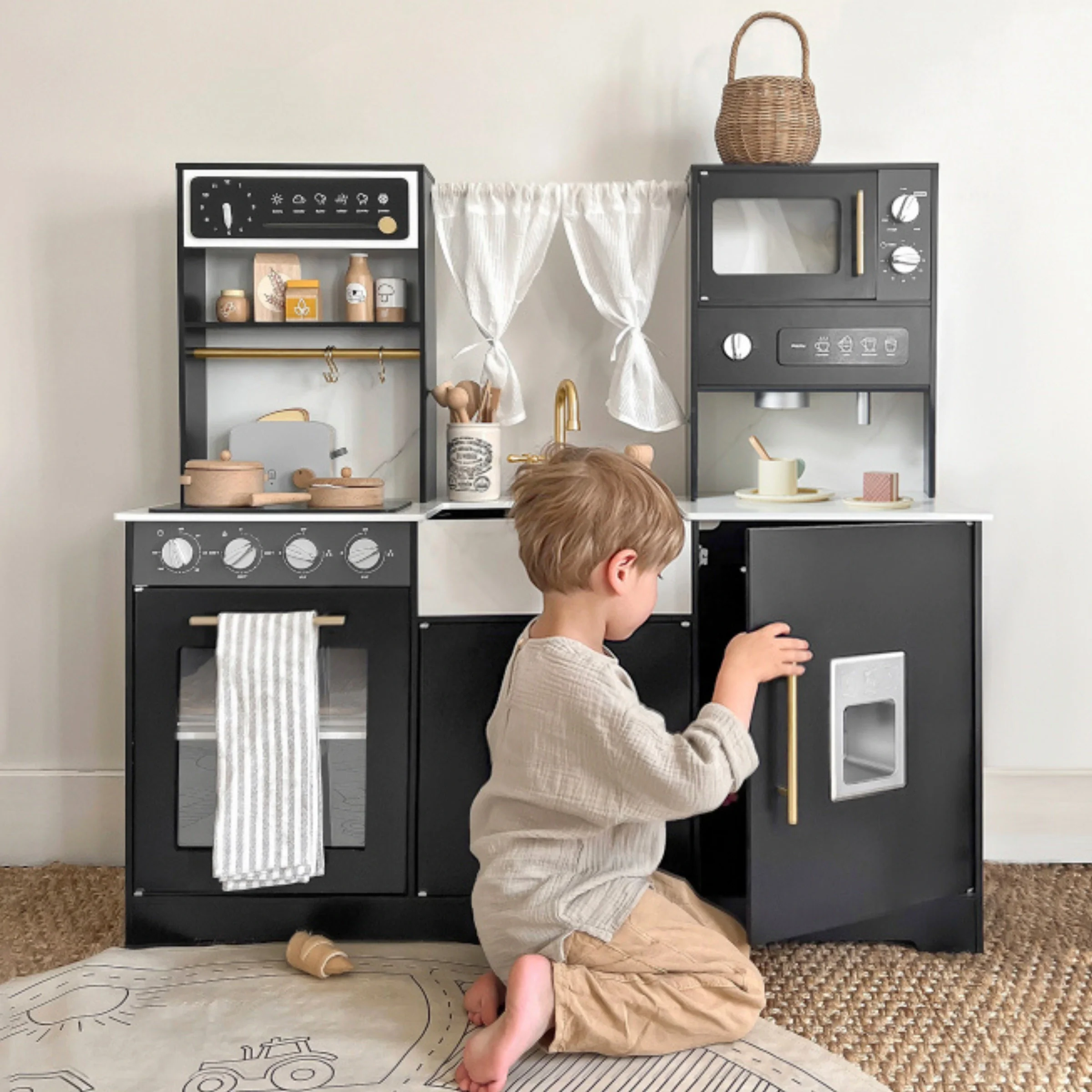Tiny LandĀ® Iconic Wooden Play Kitchen ā Black Pretend Cooking Set for Kids - Image 2