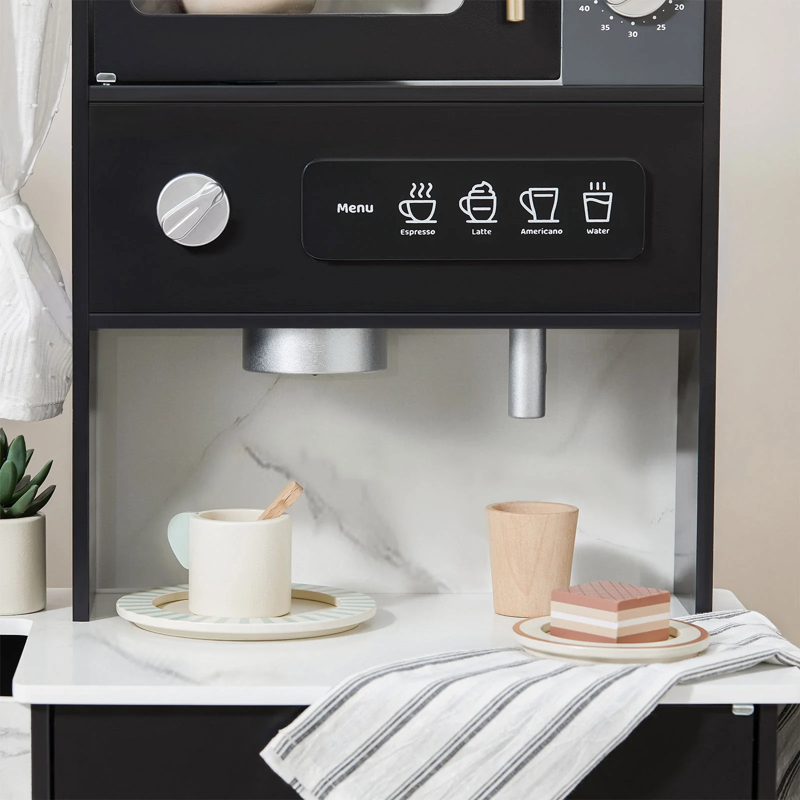 Tiny LandĀ® Iconic Wooden Play Kitchen ā Black Pretend Cooking Set for Kids - Image 3