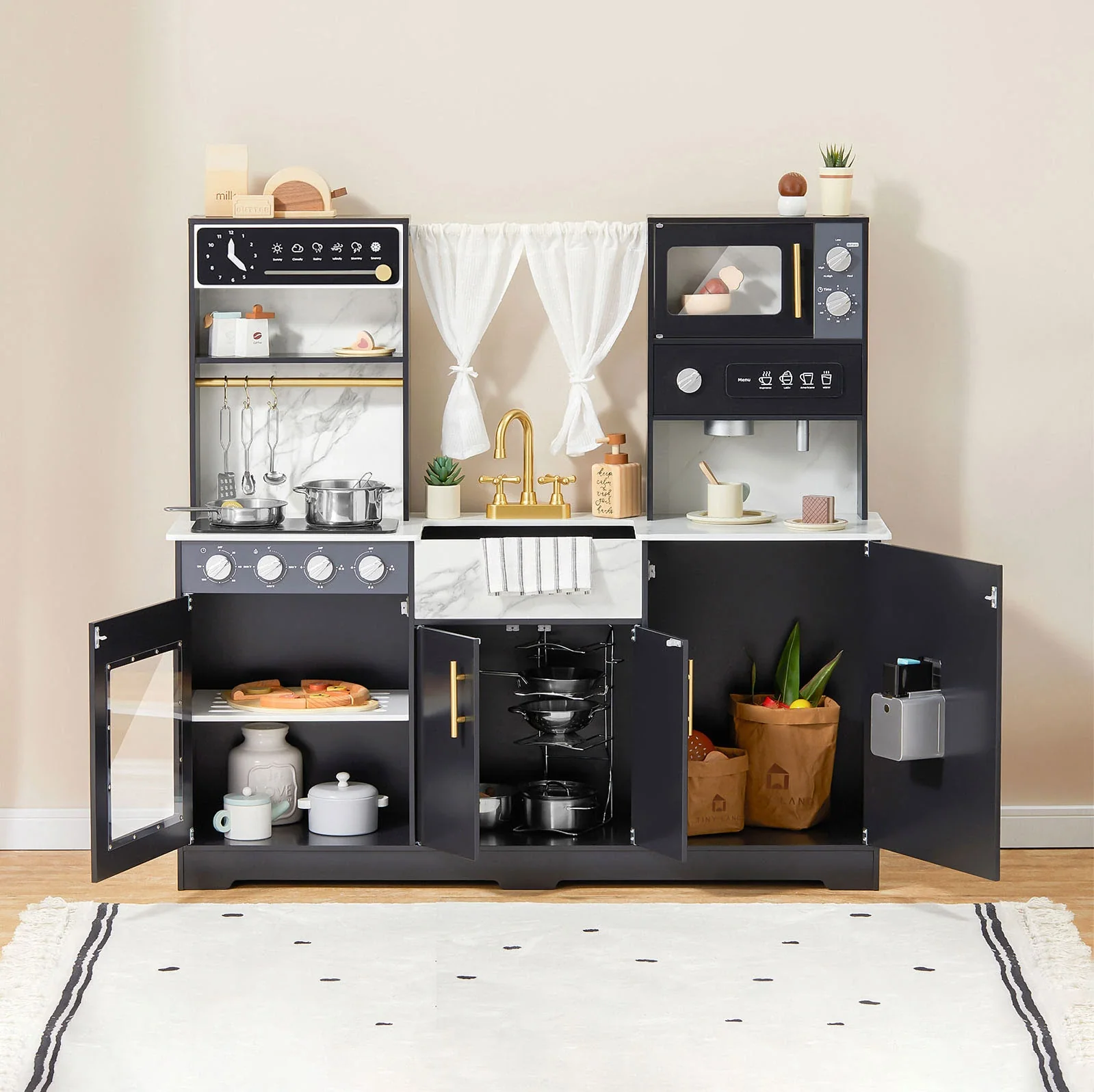 Tiny LandĀ® Iconic Wooden Play Kitchen ā Black Pretend Cooking Set for Kids - Image 4