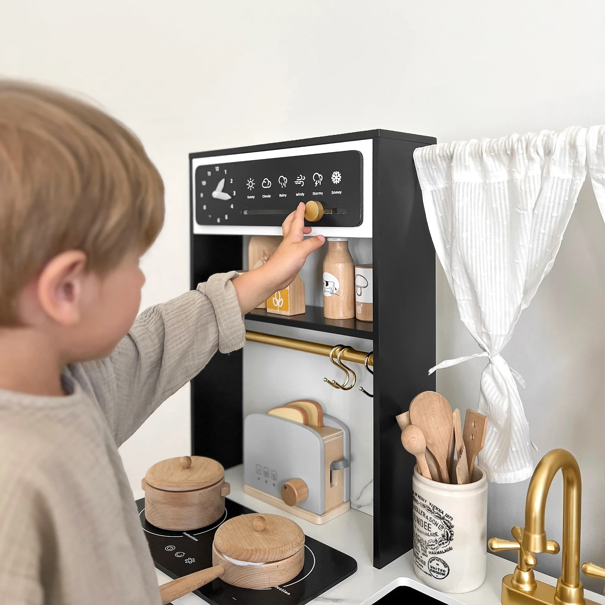 Tiny LandĀ® Iconic Wooden Play Kitchen ā Black Pretend Cooking Set for Kids - Image 6