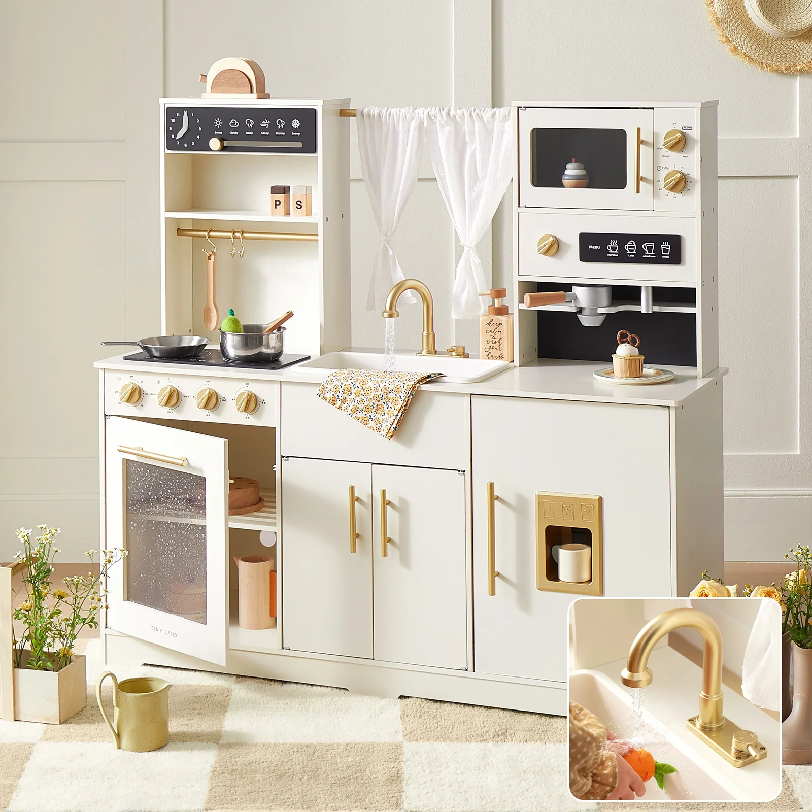 Tiny Land® Play Kitchen with Running Water - Iconic Aqua Kitchen in Cream - Image 11