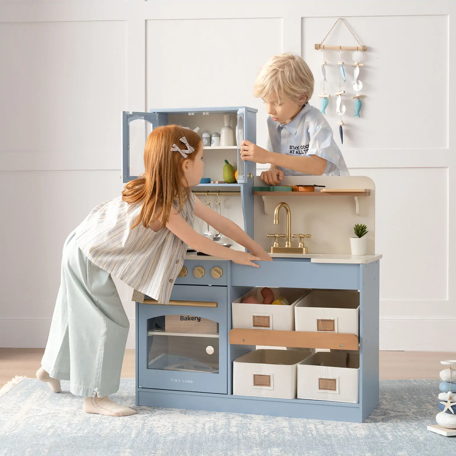 Tiny Land® Pretend Play Kitchen for Kids - Serenity Wooden Kitchen – Blue - Image 4