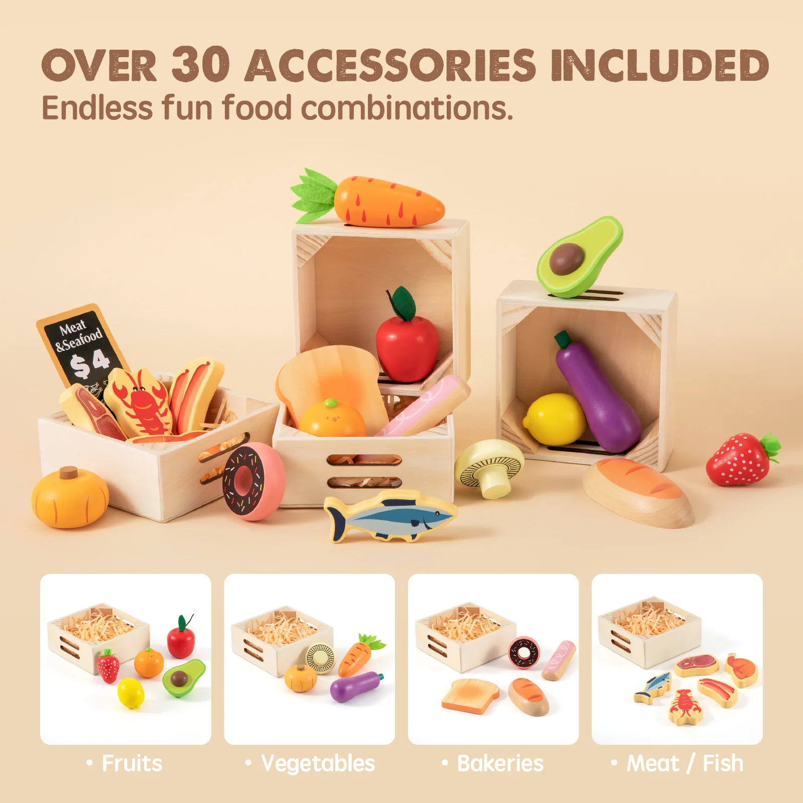 Tiny Land® Play Kitchen Accessories – Wooden Play Food for Play Kitchen: Pretend Cooking Set for Kids - Image 3
